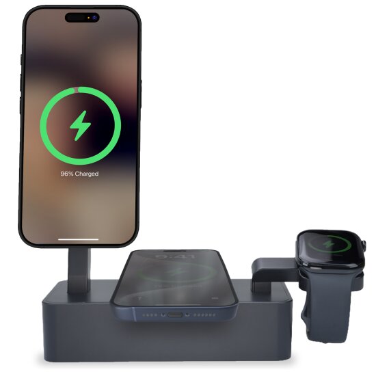 ALLDOCK Smartboost 3-in-1 Ladestation - Kabelloses MagSafe Ladegerät für iPhone, Watch & AirPods - 35W Schnellladestation