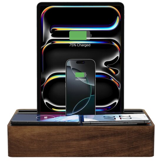 ALLDOCK Pro Max Walnuss - 6-Port USB-C Design Ladestation 160W - 2 Qi-Ladeflächen für bis zu 7 Geräte - Made in Germany